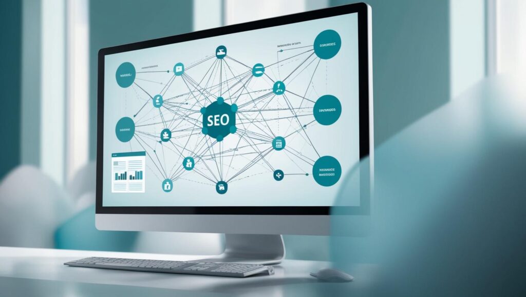 Une image réaliste qui montre le côté technique du seo avec ces couleurs principales _ #e7f6f8, #b9cfd8, #395870 (1)