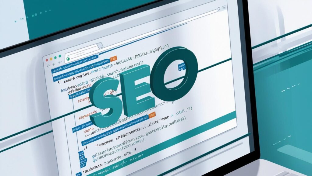Une image réaliste qui montre le côté technique du seo avec ces couleurs principales _ #e7f6f8, #b9cfd8, #395870 (12)