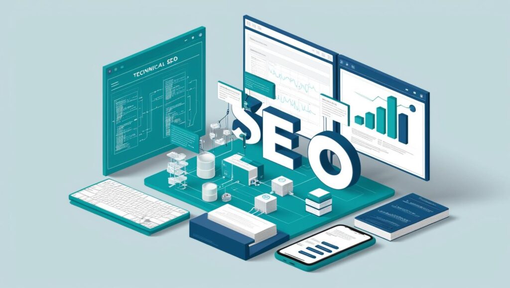 Une image réaliste qui montre le côté technique du seo avec ces couleurs principales _ #e7f6f8, #b9cfd8, #395870 (17)