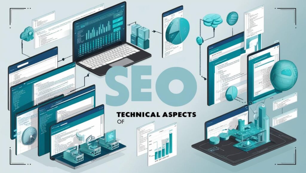 Une image réaliste qui montre le côté technique du seo avec ces couleurs principales _ #e7f6f8, #b9cfd8, #395870 (20)