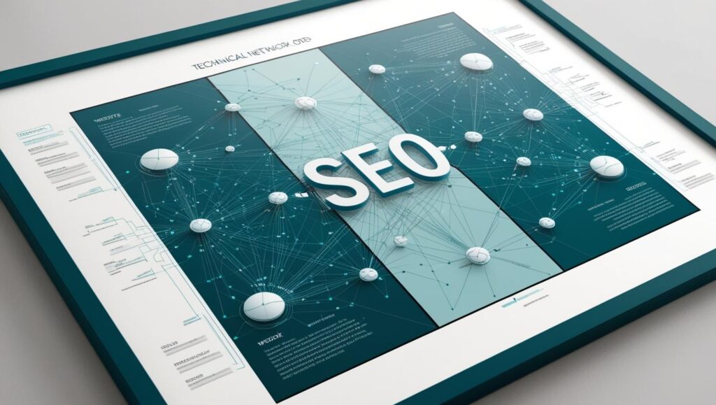 Une image réaliste qui montre le côté technique du seo avec ces couleurs principales _ #e7f6f8, #b9cfd8, #395870 (22)