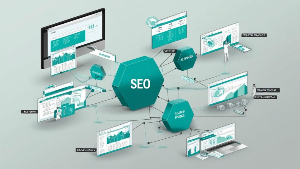 Une image réaliste qui montre le côté technique du seo avec ces couleurs principales _ #e7f6f8, #b9cfd8, #395870 (23)