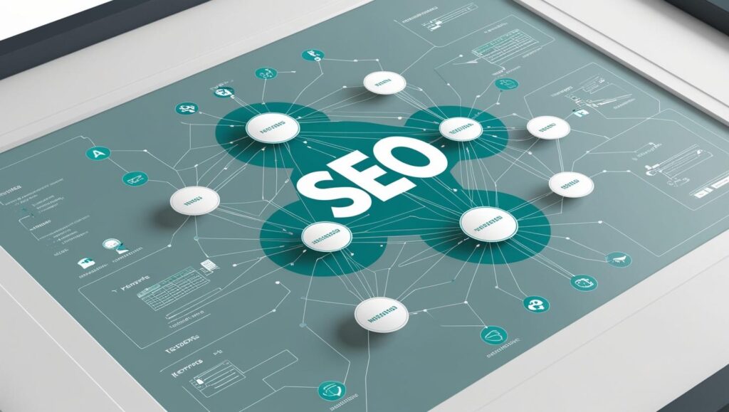 Une image réaliste qui montre le côté technique du seo avec ces couleurs principales _ #e7f6f8, #b9cfd8, #395870 (24)