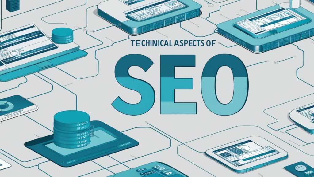 Une image réaliste qui montre le côté technique du seo avec ces couleurs principales _ #e7f6f8, #b9cfd8, #395870 (28)