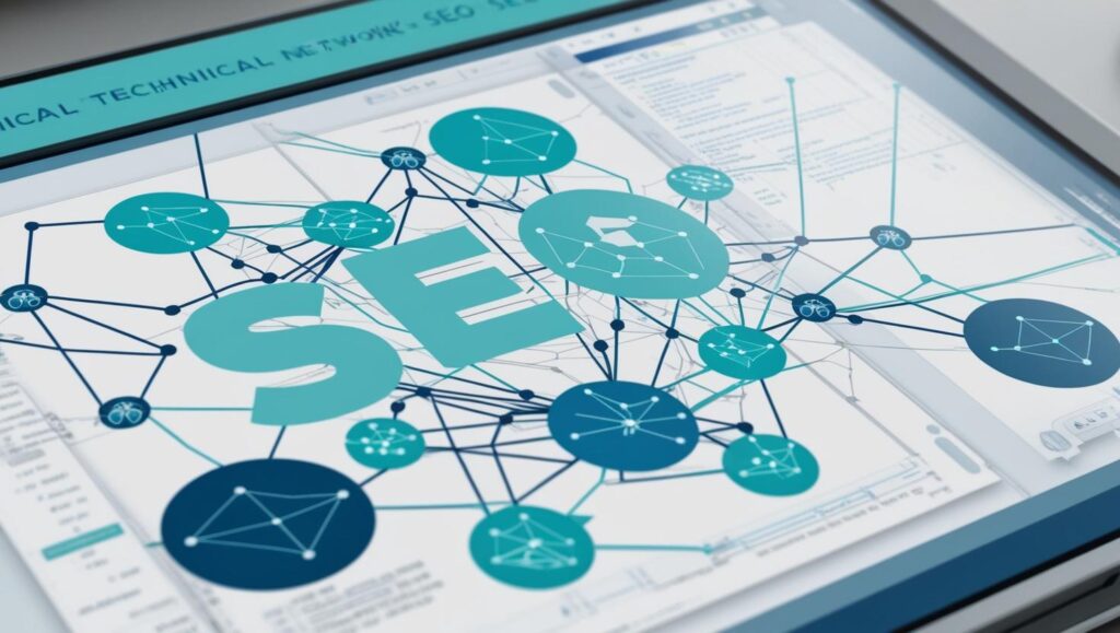 Une image réaliste qui montre le côté technique du seo avec ces couleurs principales _ #e7f6f8, #b9cfd8, #395870 (3)