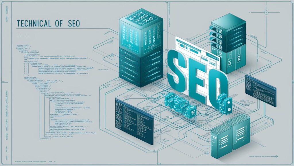 Une image réaliste qui montre le côté technique du seo avec ces couleurs principales _ #e7f6f8, #b9cfd8, #395870 (31)