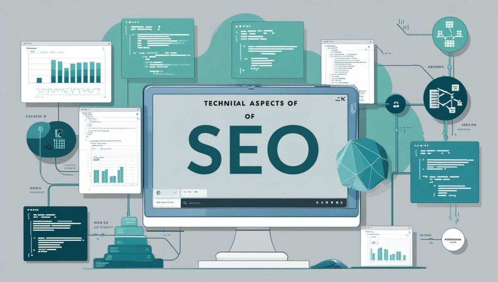 Une image réaliste qui montre le côté technique du seo avec ces couleurs principales _ #e7f6f8, #b9cfd8, #395870 (6)