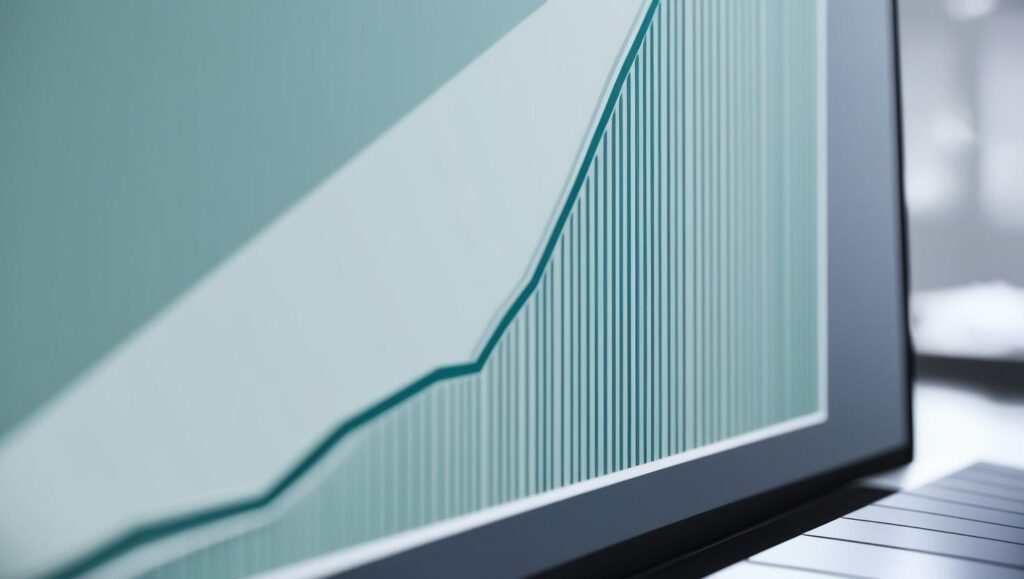 Une image réaliste qui montre un graphique qui descend fortement sur un écran d'ordinateur avec ces couleurs principales _ #e7f6f8, #b9cfd8, #395870 (24)