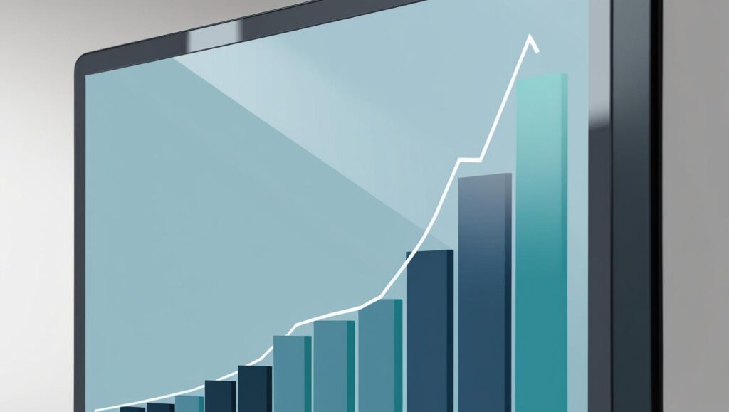 Une image réaliste qui montre un graphique qui descend fortement sur un écran d'ordinateur avec ces couleurs principales _ #e7f6f8, #b9cfd8, #395870 (36)