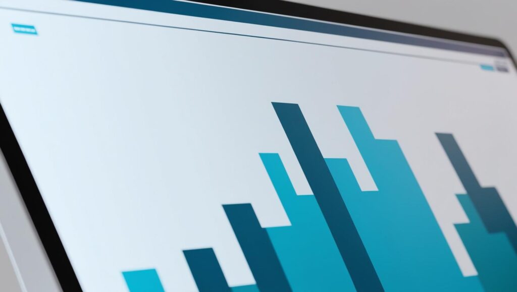 Une image réaliste qui montre un graphique qui descend fortement sur un écran d'ordinateur avec ces couleurs principales _ #e7f6f8, #b9cfd8, #395870 (6)