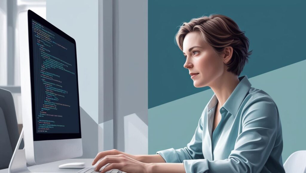 Une image réaliste qui montre un rédacteur SEO sur un écran d'odinateur avec ces couleurs principales _ #e7f6f8, #b9cfd8, #395870 (1)