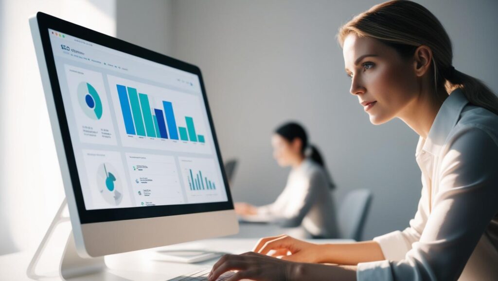 Une image réaliste qui montre une femme travaillant sur logicielle SEO sur un écran d'ordinateur avec ces couleurs principales _ #e7f6f8, #b9cfd8, #395870